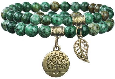 Alaoo Bracelet en Pierre Naturelle, Bracelet en Pierre de Cristal 8 mm Bracelet Spirituel en Pierres Précieuses avec Accessoires Arbre de Vie et Feuille pour Relaxation, B