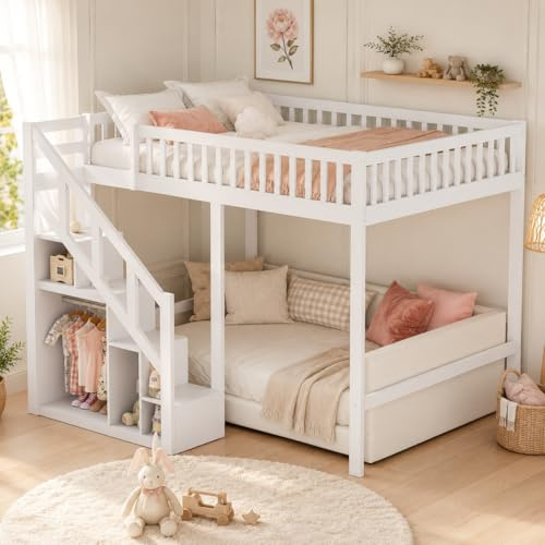 LIVLUX Lit Superposé Enfant 140x200 cm, Lit Mezzanine Multifonctionnel avec Escalier de Rangement et Barrière de Sécurité, Bois Massif Blanc, pour Garçon et Fille (Blanc, 140 x 200 cm)
