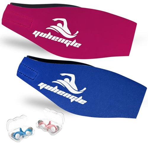 2 Pairs Swimming Headband with Earplugs - Adjustable Water Headband & Silicone for Adults,Keep Water Out and Hold Earplugs in - Swim Ear Band for Surfing, Diving, Pool, and Sports