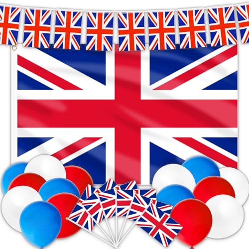 AhfuLife Union Jack Flagge Set, Flagge UK Deko Set mit Britische Fahne Groß, 10m Union Jack Wimpelkette, 10 Stück Kleine Britische Handflaggen, Luftballons Rot Blau Weiß für UK Deko Party Fußballspiel