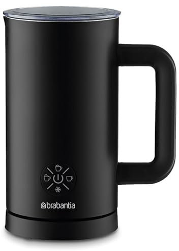 Brabantia Elektrischer Milchaufschäumer, 500 Watt, 300 ml, 4-in-1, BPA-frei, Warm- und Kaltaufschäumen, 4 Modi, Transparenter Deckel, Antihaftbeschichtung, Kontrollleuchte, Schwarz, BBEK1048
