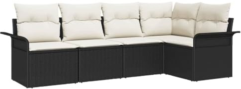 vidaXL 5-teiliges Gartensofa-Set mit Kissen, schwarzes Poly-Rattan, Outdoor-Sitzgruppe für Terrasse oder Balkon. Bequeme und stylische Sitzlösung. Modulare Möbel-Lounge mit verstellbarem Bezug.
