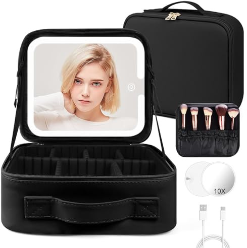 OSDUE Beauty Case da Viaggio Donna, con Specchio LED, Divisore, 23x26cm | Borsa trucco con specchio LED, 3 Modalità Di Colore,Portatile con Divisore Regolabile, Specchio ingranditore 10x, Nero