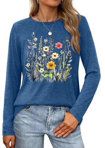 tiorhooe Long Sleeve Tops Women Flower Print T-Shirt Ladies Casual Gardener Nature Crewneck Shirt (Blue1,S)