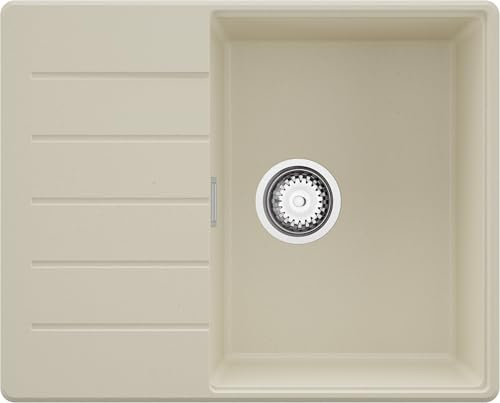PRIMAGRAN Fregadero de Esquina al Mueble 45cm + Kit de desagüe, 62x50cm | Set: Kit de desagüe (sifón, válvula, rebosadero) + Copenhague 1 Seno Granito, Beige