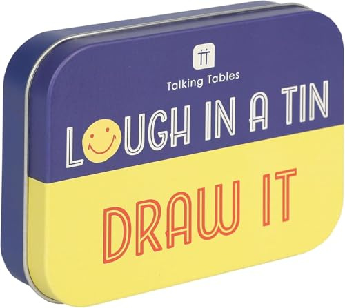 Talking Tables Kids Travel Games Laugh in a Tin Draw Party Game, Portable Tin with Quirky Drawing Challenge Cards for Fun & Family Stocking Filler Gift Christmas Ages 7+