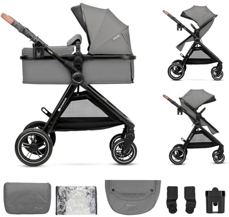 Kinderkraft ESME poussette 2 en 1 jusqu’à 25 kg, nacelle et siège hamac, travel system avec adaptateurs, grandes roues TPE increvables avec suspension, pliage compact, accessoires inclus, Gris