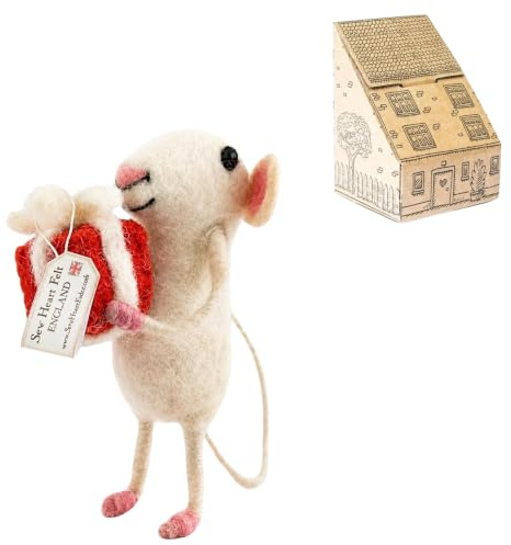 Sew Heart Felt - Mouse with Present - Handmade Gift For Her | Wool Felt Mouse Ornament | Mother’s Day Keepsake Decoration | Needle Felted Wool Mouse Ornament