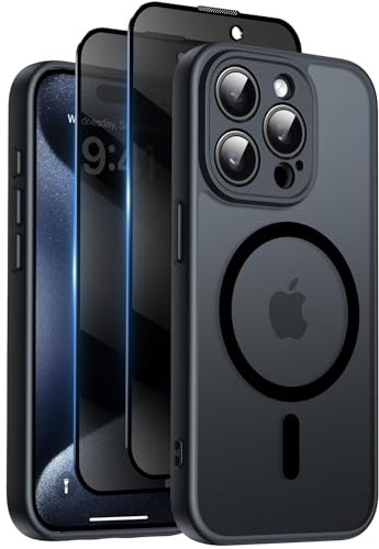 Qasyfanc Magnetic for iPhone 15 Pro Max Case, with Privacy Screen Protectors X2, [Camera Protection] [15FT Military Drop Protection] Translucent Matte Back Slim Shockproof Phone Cover, 6.7, Black