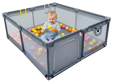 Relaxdays Parque Infantil Seguro con corralito, 50 Pelotas, 2 Anillos, Tejido Oxford Gris, 120 x 150 cm