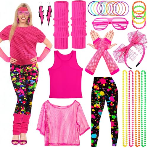 Vautvis 80er Jahre Outfit Damen, Kostüm 80er Jahre Damen Mit Zubehör | 80er Jahre Retro Party Outfit Damen, 90er Jahre Kleidung Mit Netzshirt Damen, Leggings, Stirnband, Ohrringe