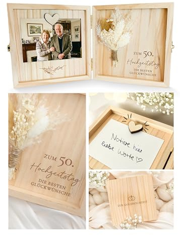 Joli Coon Goldene Hochzeit Geschenk, Holzbox, 14 x 14 x 3 cm | Echte Trockenblumen, kleine Karte für persönliche Zeilen, Magnet für Foto oder Karte, als Erinnerungsbox aufstellbar