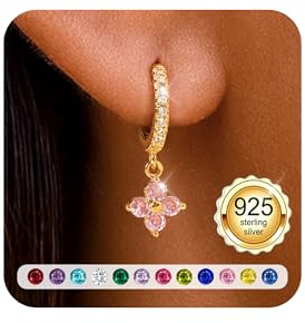 ZOERAY Geburtsstein Ohrringe Gold Hängend für Damen Mädchen Wasserfest Frau | 18K Vergoldete Ohrringe Creolen mit Anhänger,Kleeblatt Goldene Ohrringe Stein Rot Grün Blau,Damenohrringe Geburtstag Geschenk