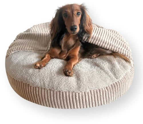 4L Textil Vigo Hundebett mit Kapuze Hundehöhle Hundedecke Hundekorb mit Kapuze Hundeschlafsack Hundekörbchen Cord Hundekissen mittelgroße Hunde mit Decke (Beige, L 70 x B 70 x H 12 cm)