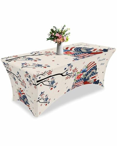 jdudh 4ft Stretch Spandex Tablecloth,Independence Day Dwarfs Fitted Table Cover for Rectangular Tables,Opium Poppy on Retro Linen Wrinkle Free Table Cloths for Wedding,Party,Banquet