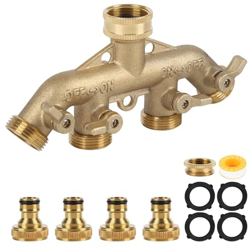 4 Weg solide Messing Tap Connector, Heavy Duty Outdoor Schlauch Splitter Garten Wasserhahn Adapter Wasserleitung Verteiler individuelle Absperrung/ON-Ventil für Garten Bewässerung Rasen Wartung