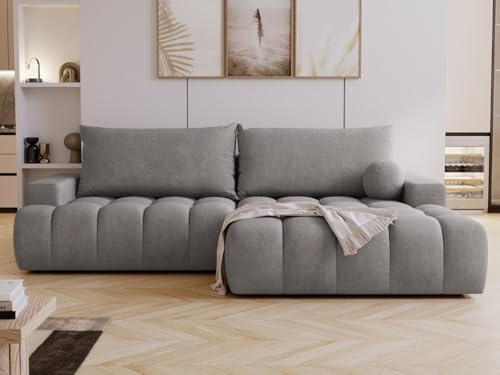 GRAINGOLD Havi Ecksofa 270x170 cm, L-Form Sofa, Ecksofa für Wohnzimmer, Veloursstoff, 4-Sitzer Eckcouch, Ecksofa mit Stauraum und Bettfunktion, Modernes Design (Grau, Rechts)
