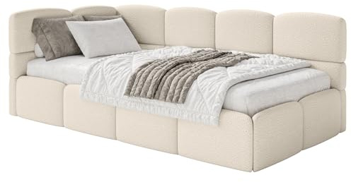 Selsey Jugendbett 120x200cm Hellbeige Bouclé Stoff mit Stauraum und Lattenrost, gepolstertes Polsterbett mit Bettkasten, Jugendbett linksseitig mit Eckkopfteil, Bett 120x200 für Kinderzimmer