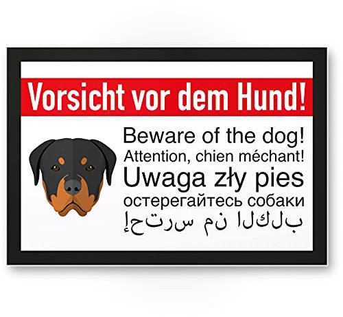Komma Security Rottweiler Schild Vorsicht vor dem Hund - Hunde Schild Hinweisschild mehrsprachig - Türschild Haustüre Warnschild Einbruchschutz - Achtung Hund
