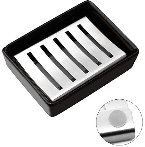 YOCZOX Soap Dish Holder Stainless Steel Soap Holder with Ceramic Seat Silicone Anti-Slip Pads Nordic Style Soap Tray for Bathroom Shower Kitchen Organized, Double Layer Draining, Silver+Black