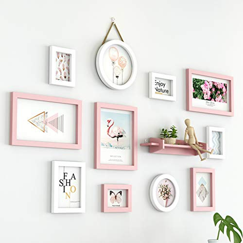 Modernes Cadres de Photo en Bois Collage Ensemble pour 11 Photos | Montage Mural Pêle-mêle Porte-Photos Présentoir de Plusieurs décors de Cadres (Rose Blanc)