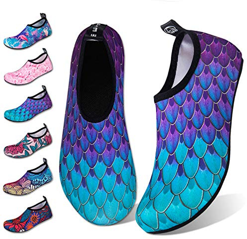 WateLves Water Shoes for Womens Mens Barefoot Quick-Dry Aqua Socks for Beach Swim Surf Yoga Exercise New Translucent Color Soles (Fishscale-Bluegreen, 38/39)