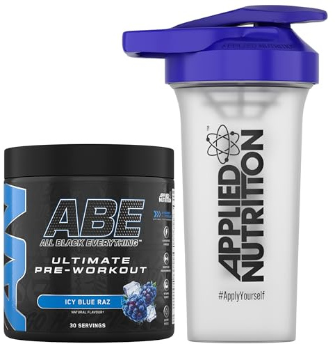 Applied Nutrition Bundle ABE Pre Workout 375g + 700ml Protein Shaker | All Black Everything Pre Workout Powder, Energy & Physical Performance with Creatine, Beta Alanine (ICY Blue Raz)