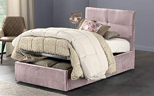 Dafne Italian Design Letto singolo contenitore rosa in velluto, rete ortopedica a doghe in legno cm. 80 x 190 x 109