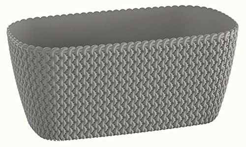 Rammento 39.5cm Long Rattan-Effect Rectangular Trough, Stone Grey | 7L Plastic Trough Planter, Oblong Balcony Flower Pot | Weatherproof Plastic Outdoor Plant Pot, Decorative Indoor Herb Planter