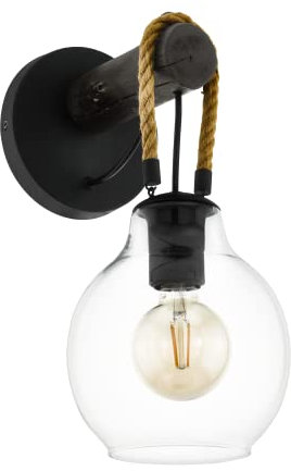 Eglo Applique murale intérieure Roding, luminaire d’intérieur au style vintage en verre transparent, métal noir, bois et corde de chanvre, lampe de salon et de chambre à coucher, douille E27
