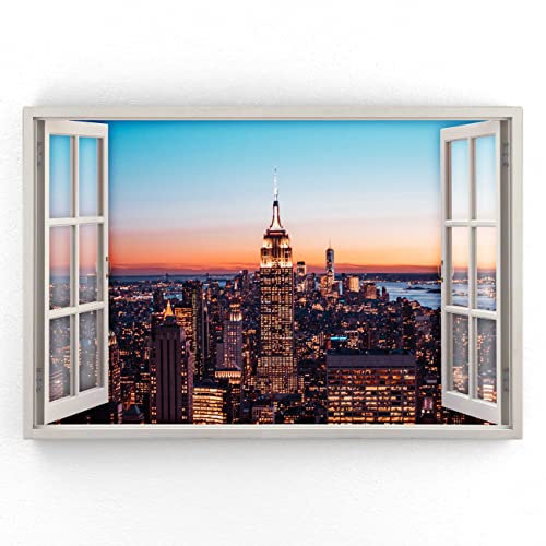 Estika - Leinwand Bilder Fensterblick - Stadt, New York - 90x60 cm - 1 teilige Wandbilder, Bild auf Leinwand, Modern Deko für wohnzimmer schlafzimmer - Natur Landschafts bilder - 5987A_1L