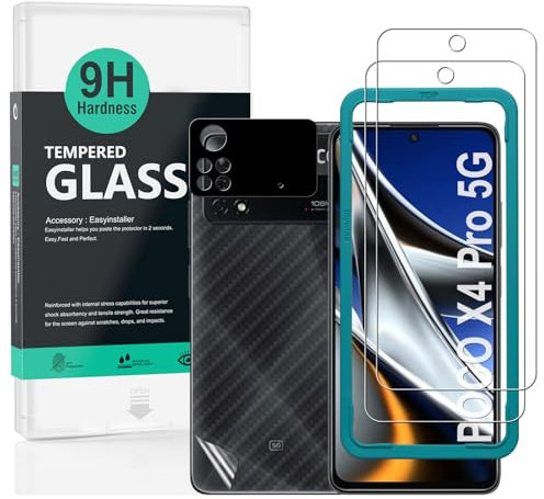 Ibywind Verre Trempé de Protection compatible avec Poco X4 Pro 5G 6.67,avec Métal Protecteur D'écran de Caméra,Protection arrière Effet Fibre de Carbone,avec Une kit d'installation Facile