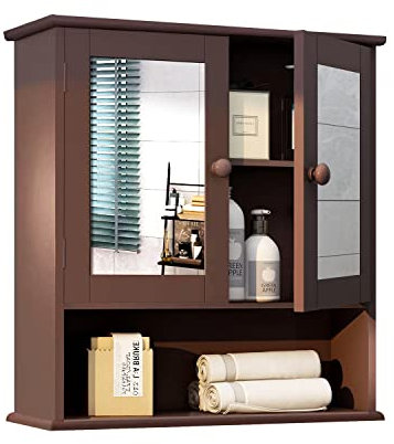 TaoHFE Braune Medizinschränke für Badezimmer mit Spiegel, 2 Türen, 3 offene Regale, Badezimmer-Hängeschrank, Wandmontage, Holz, Badezimmer-Aufbewahrungsschrank über Toilette, Badezimmerschrank,