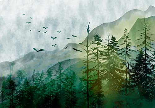 decomonkey Fototapete Landschaft 350x256 cm Tapete Fototapeten Vlies Tapeten Vliestapete Wandtapete moderne Wand Wandbild Schlafzimmer Wohnzimmer Gebirge Wald Natur Vogel grün grau