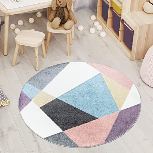 Teppich Kinderzimmer - Jugendzimmer-Teppich - 120 cm Rund - Multi - Modern Geo-Muster - Runder Kinderteppich Kurzflor - Moderner Teenager-Teppich