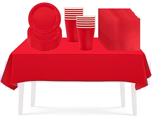 53PCS Classy Red Party Tableware Decorations for Kids Christmas, Disposable Tableware Set - Tablecloth, Table Covers, 7inch Paper Plates, Paper Napkins, Cups for Xmas, Birthday, Wedding Party Favor