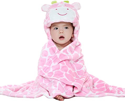 Doladola Baby Decke Babys Tier Design,Flanell Kinder Decke Kapuzenhandtuch für Mädchen und Jungen,Baby Kapuze Badeponcho Kinder Warm(rosa Kuh)