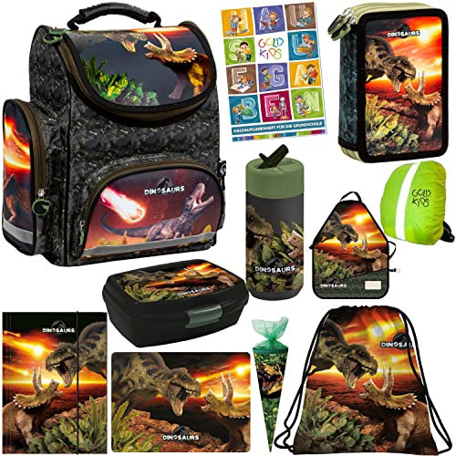 Goldkids Set XXL 11er Schulranzen Ranzen Tornister Federmappe Turnbeutel Gummizugmappe Schürze Brotdose Trinkflasche Aufgabenheft Zuckertüte Regenschutz Dinosaurier Dino Motiv