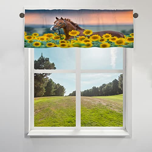 COTOT Pferd Sonnenblume Volant Vorhang für Fenster, Pferd Blume Kurze Fenster Behandlung Volant Stange Taschenvorhang für Küche Wohnzimmer Schlafzimmer 30,4 x 132 cm