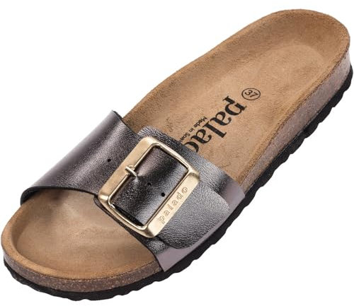 Palado Pantoletten Damen Malta EGS Metallic - bequeme Sandalen Made in Spain - Hausschuhe mit dämpfendem Kork-Fußbett - modische Sommerschuhe Anthrazit UK9 - EU42