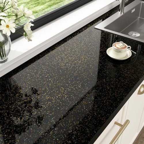 HotDecor Self Adhesive Black Marble Wallpaper Gloss Black Vinyl Wrap for Kitchen Worktop Washable Black and Gold Wallpaper Peel and Stick Bathroom Wallpaper Marble Sticky Back Plastic 60cm X 300cm