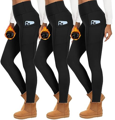 HIPOWER 3er Pack Thermoleggings Damen Mit Taschen Leggings Gefüttert Winter High Waist Fleece Warme Leggins Blickdicht Schwarz Sport Thermounterwäsche Laufhose Yogapants(A-Schwarz*3,3XL)