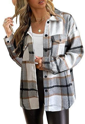 Zeagoo Karierte Bluse Damen Elegant Retro Karo Hemd V-Ausschnitt Business Oberteile mit Knöpfen Casual Festliche Hemdbluse Hellgrau L