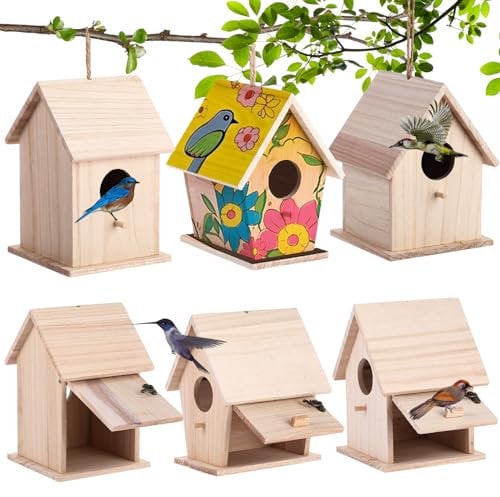 Barydat 6 Pcs Hanging Bird Houses for Outside Unfinished Wooden Bird Houses to Paint and Build DIY Birdhouse Kits for Kids Girls Boys Arts and Craft Projects, 3 Sizes