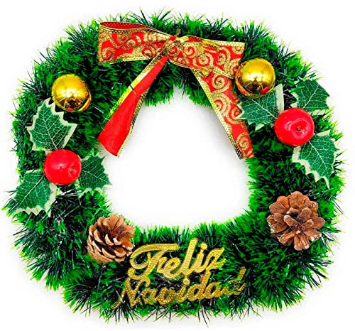 AC - Corona de Navidad con piñas Feliz Navidad, espumillón, Guirnalda Decorativa Artificial, Adorno Colgante para Puerta, Pared, Mesa, Ø 30 cm