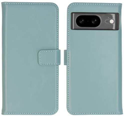 SELENCIA Bookcase Hülle kompatibel mit Google Pixel 8 – Era Leder Handytasche Side Flip Case – Handyhülle aus Rindsleder in Hellblau [3 Kartenfächer, Magnetverschluss]