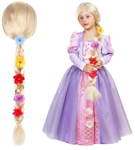 PLLYPE Prinzessin Perücke Zopf, 85CM Perücke Rapunzel Kinder mit Blume, Kinderperücke Blond für Mädchen, Rapunzel Kostüm Perücke für Märchen, Karneval, Mottoparty Kindergeburtstagsparty (Gold)