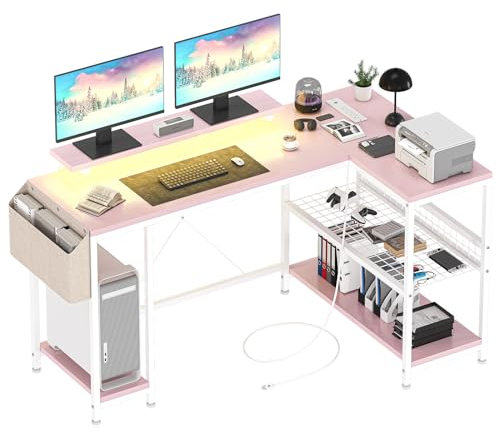 Jojoka L Shaped Computer Desk with Power Outlets & LED Light, 49.6 Reversible Corner Computer Desk with Storage Shelves & Monitor Stand, Home Office Desk, Gaming Desk, Writing Desk (Pink)