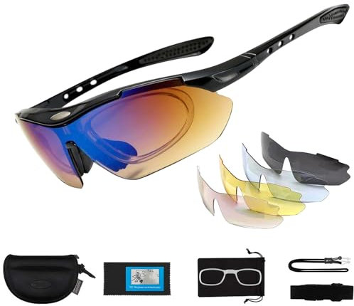 YHT Polarized Sports Cycling Sunglasses for Men Women,UV Protection Cycling Glasses with 5 Interchangeable Lenses Bike Goggles for Golf,Cycling,Running,Fishing,Driving