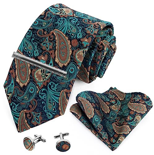 Minicloss Herren Krawatten 5 Stück Set, Einfarbig Krawatten für Herren Mit Einstecktuch & Krawattenklammer & Manschettenknöpfe für Hochzeit Büro Festliche Krawattenset (Cyanblaues Paisley)